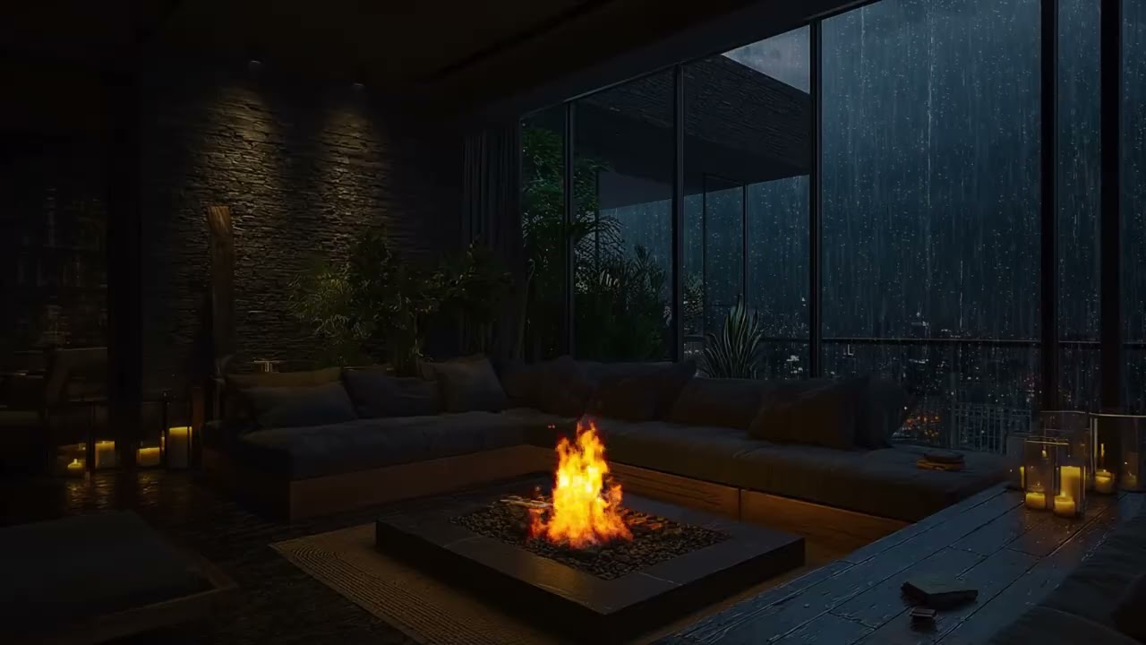 Quiet Rooftop Night with Warm Fire Glow | Calm City Ambience for Deep Sleep and Total Relaxation