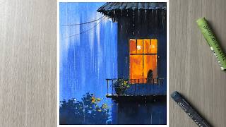 When Rain Meet Night Dreamy Oil Pastel Scenery For Beginner