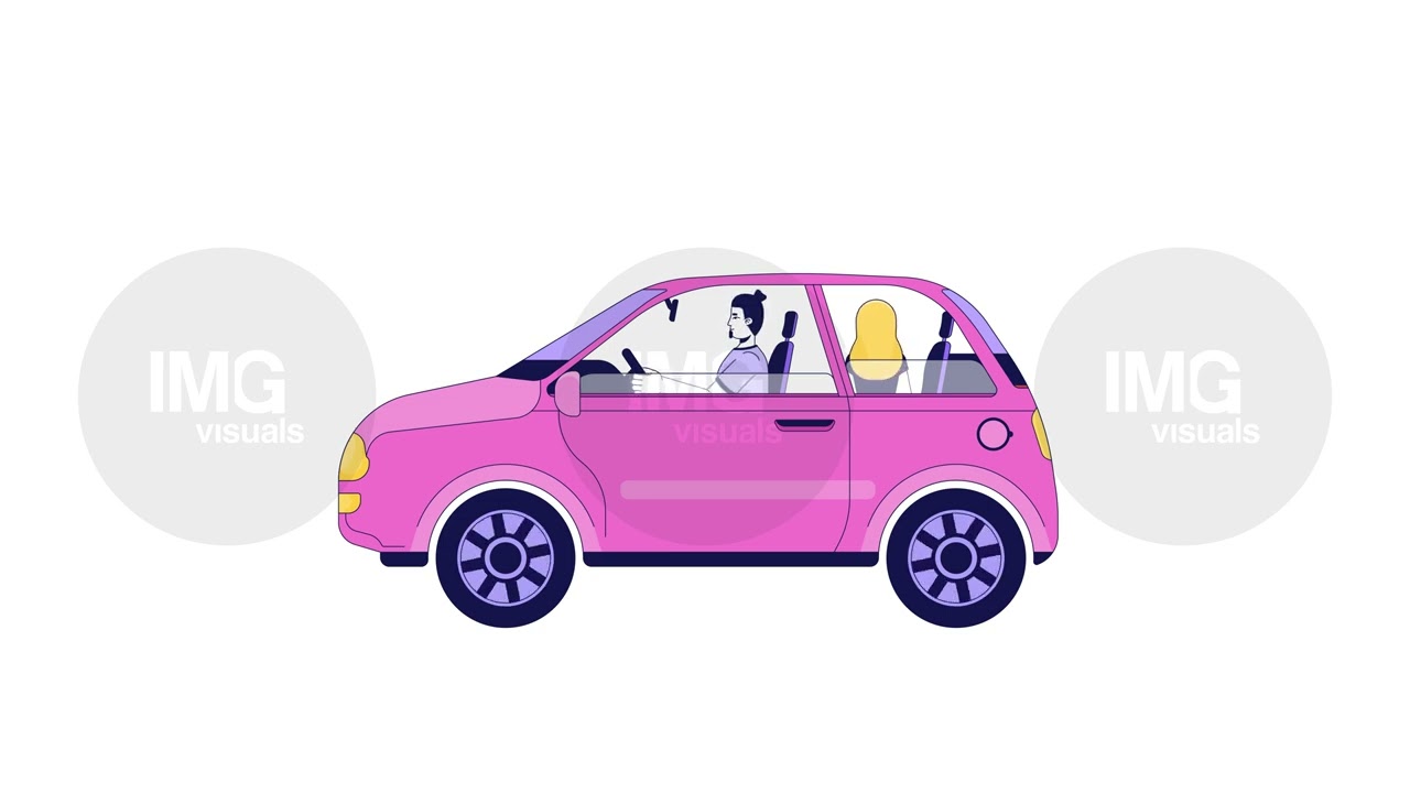 European couple driving in pink compact car 2D characters animation
