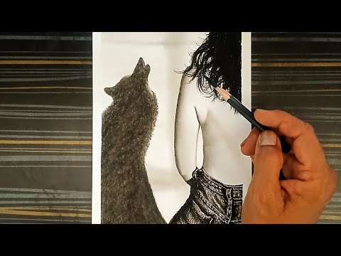 A creative pencil drawing of a girl and a wolf, whose friendship is born of loneliness and trust.