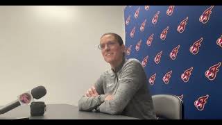 Indiana Fever head coach Stephanie White speaks to reporters before Fever battle Dallas Wings
