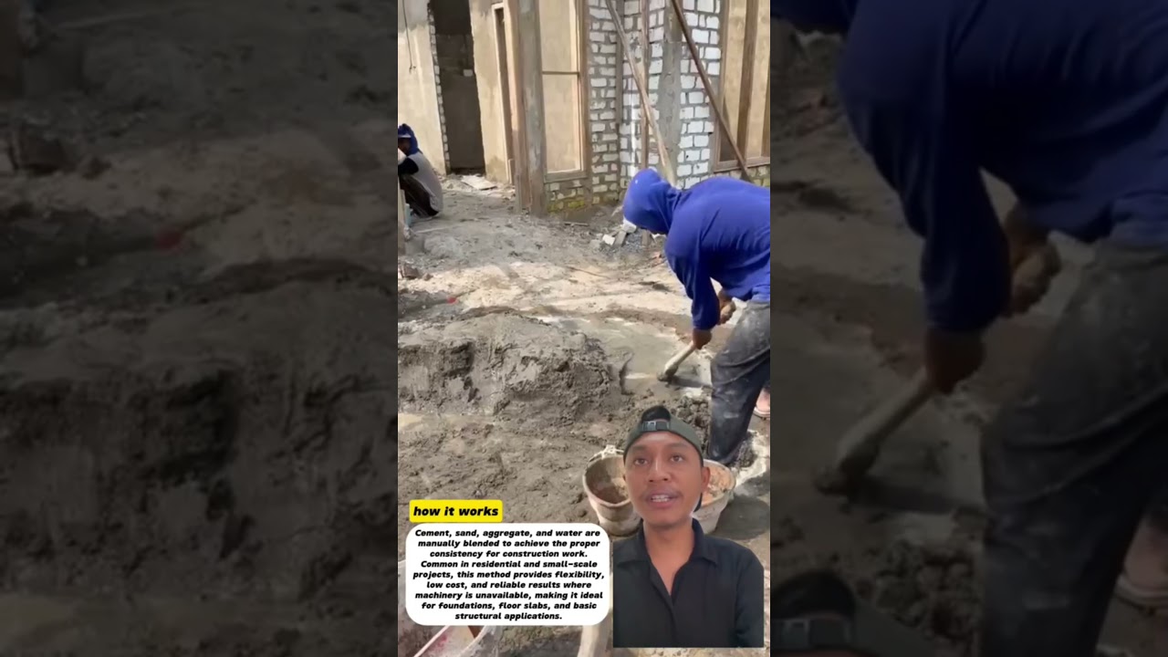 manual concrete mixing on the ground using hand tools