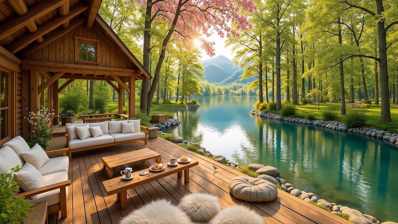 Warm Lakeside Cabin Ambience 🌺🌳 Soft Piano Music in Patio for Calm & Focus, Relaxation
