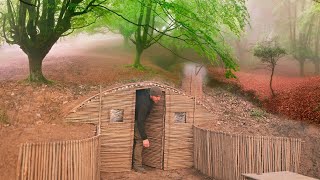 Building a complete and warm survival shelter | Earth hut with clay roof and fireplace