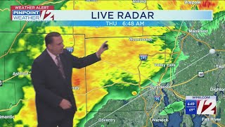 WPRI 12 Weather Forecast for 7/10/25:  Rain, some heavy this morning; flooding possible