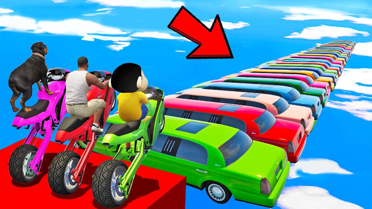 SHINCHAN AND FRANKLIN TRIED THE IMPOSSIBLE  COLORFUL CAR RAMP BIKE PARKOUR CHALLENGE GTA 5