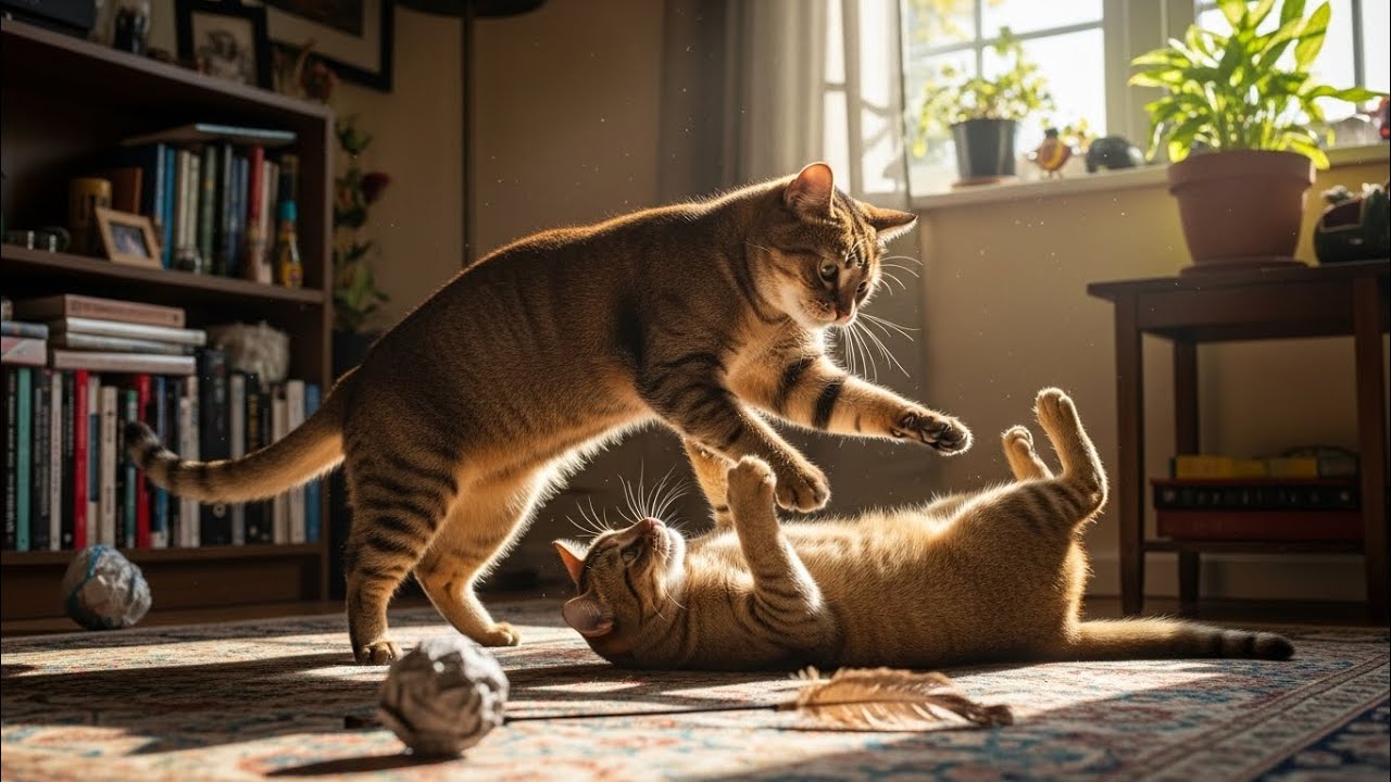 Cat male and Cat female doing masti on top flour of house 