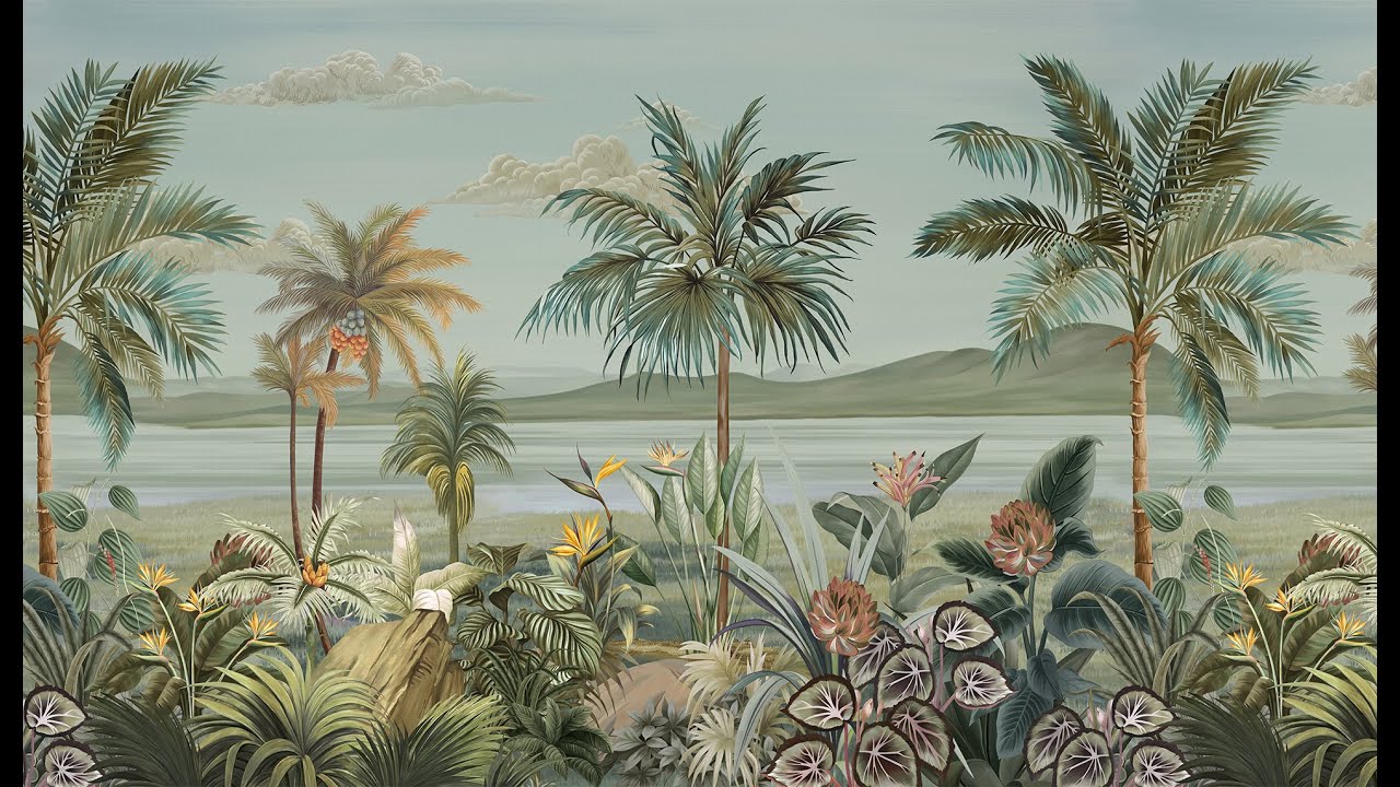 Tropical Wallpaper - Lush Palm Trees & Serene Water Landscape - Nature-Inspired Wall Art