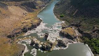 Stock Video - Aerial view looking down at Pillar Falls in the Snake River Canyon