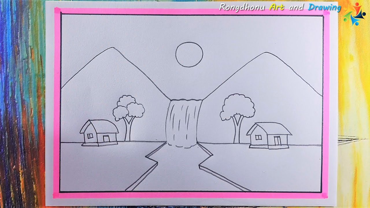 Pahar o Jhornar Drisso 😍😍 Waterfall Scenery Drawing