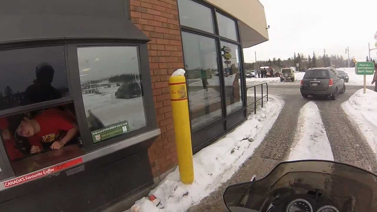 Tim Hortons Drive Through on a Snowmobile