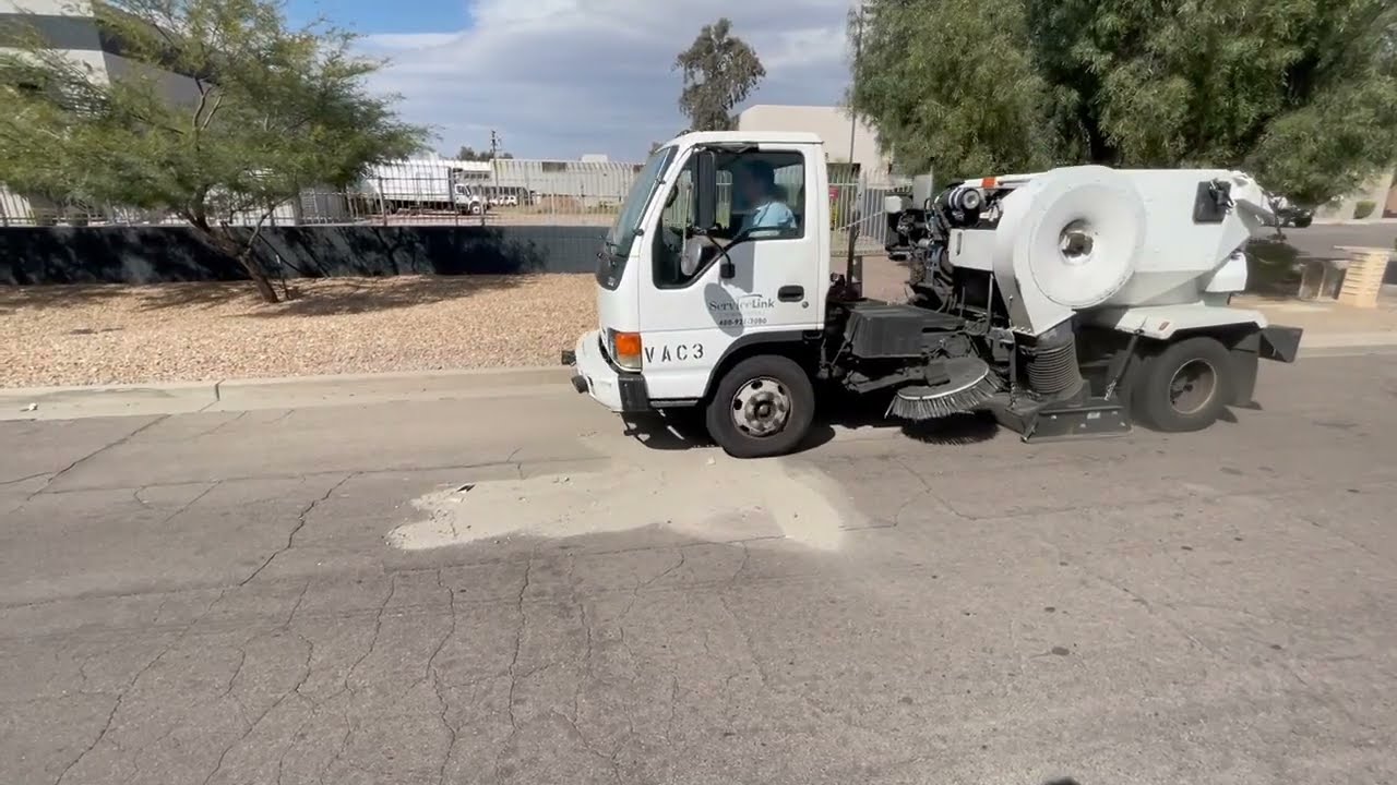 Tymco 210 Vacuum Truck - Sweeping Test of Fine Dust and Dirt on Asphalt
