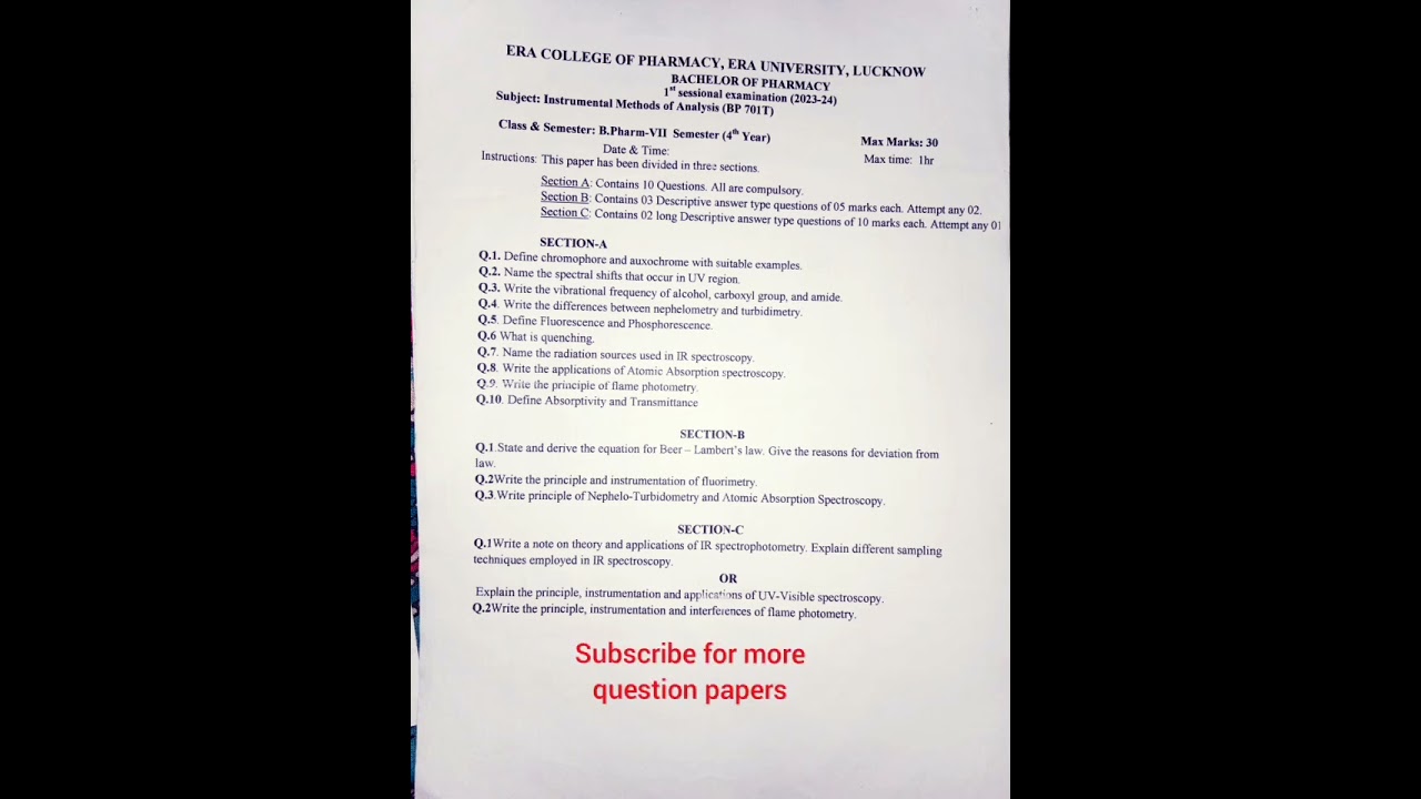 Instrumental methods of analysis  question paper 7th semester B Pharma Era University