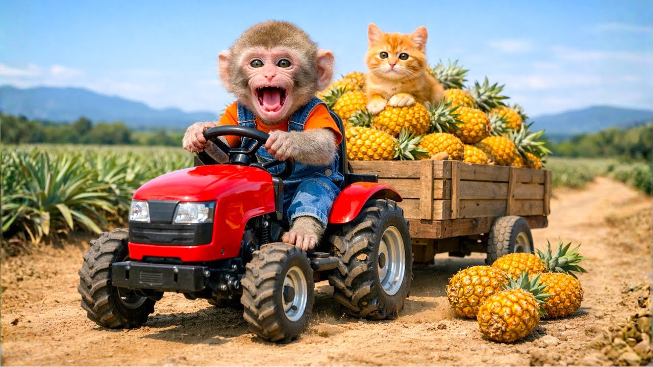 Monkey Farmer Drives Tractor to Harvest Pineapples & Rescue a Kitten! | Monkey Farm Work