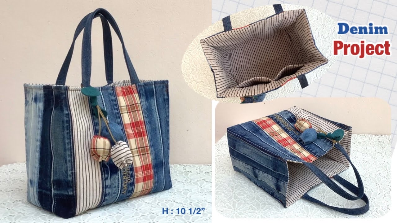 Easy to sew a tote bag from jeans waist , sewing diy a denim tote