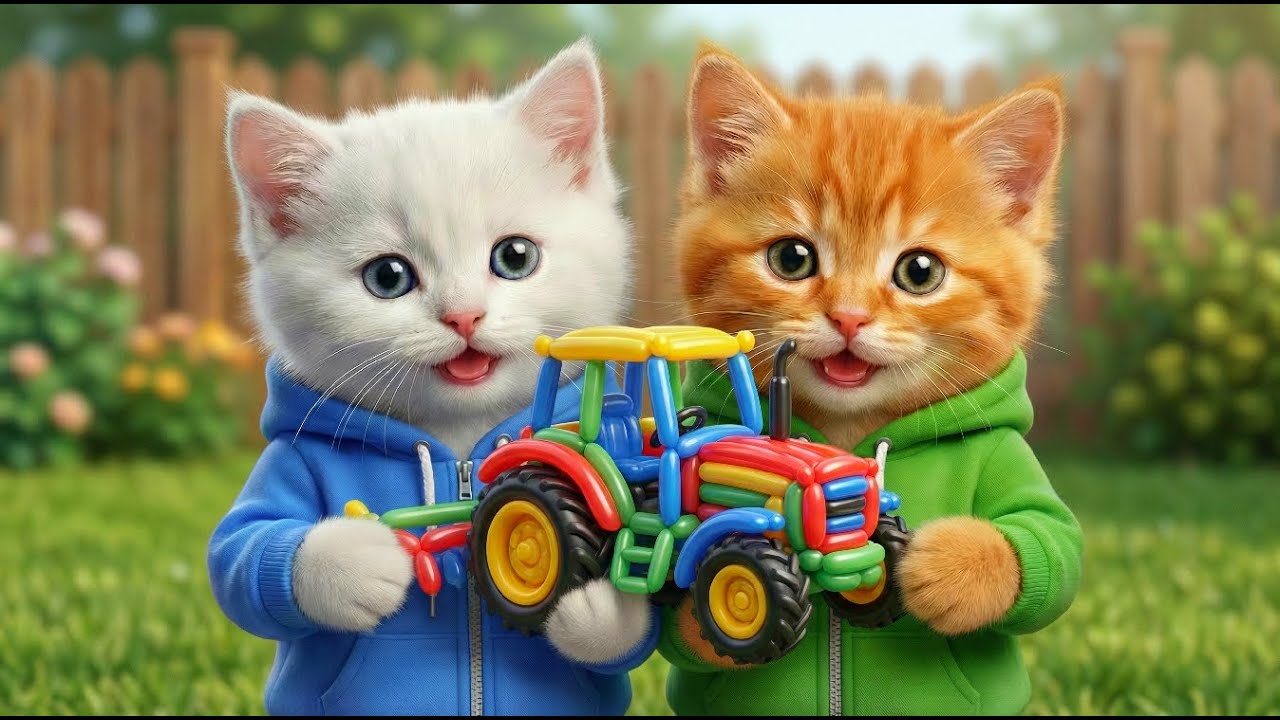 TWO CUTE KITTENS LOVES BALLOONS AND BUILDS A COLORFUL BALLOON TRACTOR ALL BY HERSELF