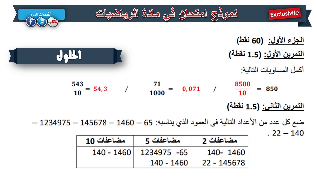 حل امتحان شهادة التعليم الإبتدائي (مقترح) في الرياضيات / دورة ماي 2019