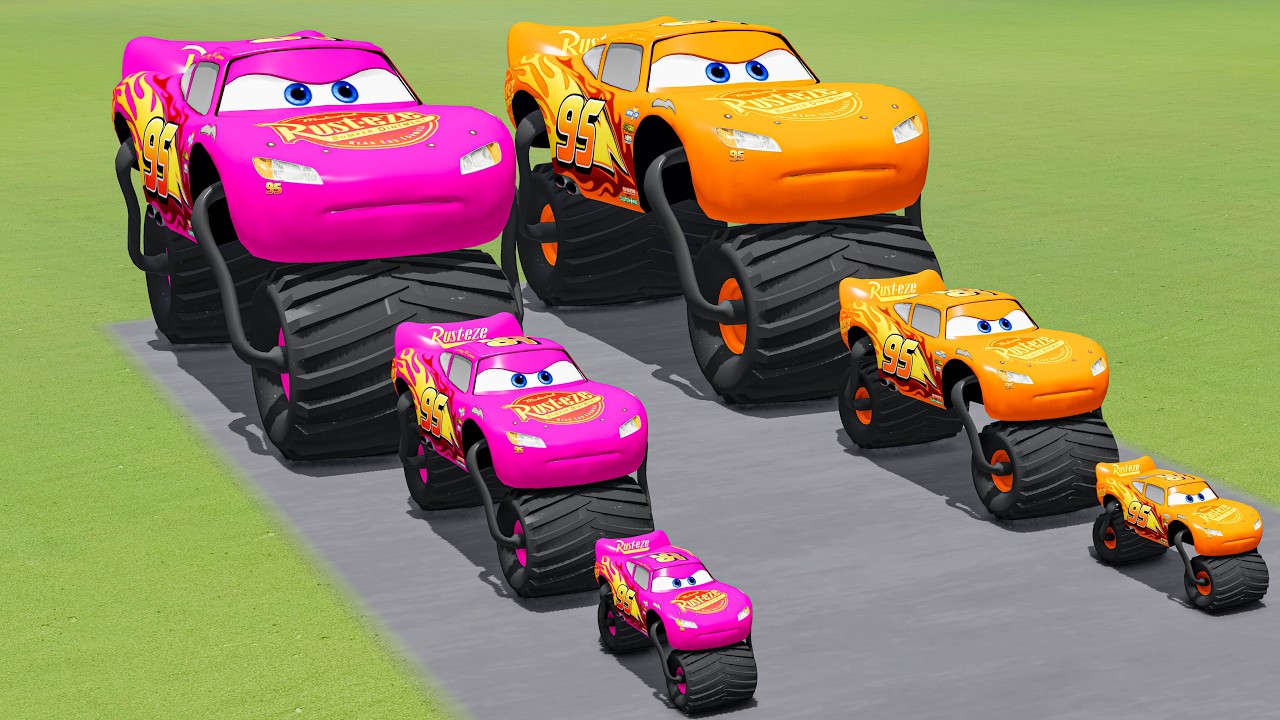 Big & Small Color Long Lightning Mcqueen Double Monster Saw Wheels vs Trains | BeamNG.drive