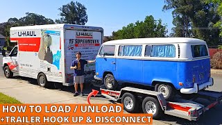 How To Load a Car onto a UHaul Auto Transport Trailer | Plus Trailer Hook Up & Disconnect