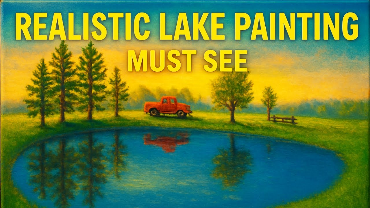 Peaceful Lake Reflection Painting | Nature Landscape with Red Truck