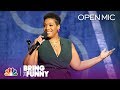 Comic tacarra williams performs in the open mic round  bring the funny open mic