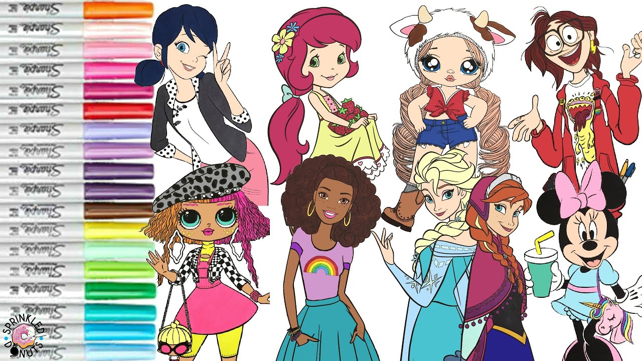 Coloring Book Compilation for Kids Disney Princess Strawberry Shortcake Na Na Surprise Barbie Minnie