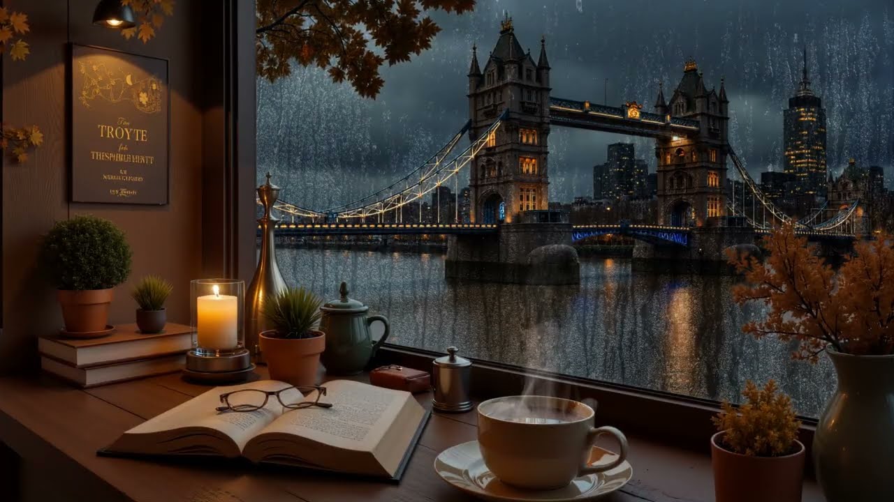 Coffee Shop Ambience Overlooking London Tower Bridge 🍂Warm Jazz Music & Rain Sounds for Relax, Focus