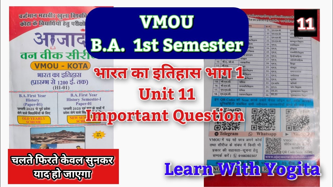 11 VMOU B.A. 1st Semester भारत का इतिहास भाग 1 Unit 11 Important Question
