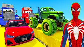 Spiderman Cars Monster Trucks Mega Sea Ramp Challenge ! Superhero Hulk Goku Windmill Race - Gta V