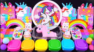 🌈ASMR🌈 Mixing "Unicorn" MakeUp Eyeshadow,Glitter Into Clear Slime #satisfying #슬라임 (990)