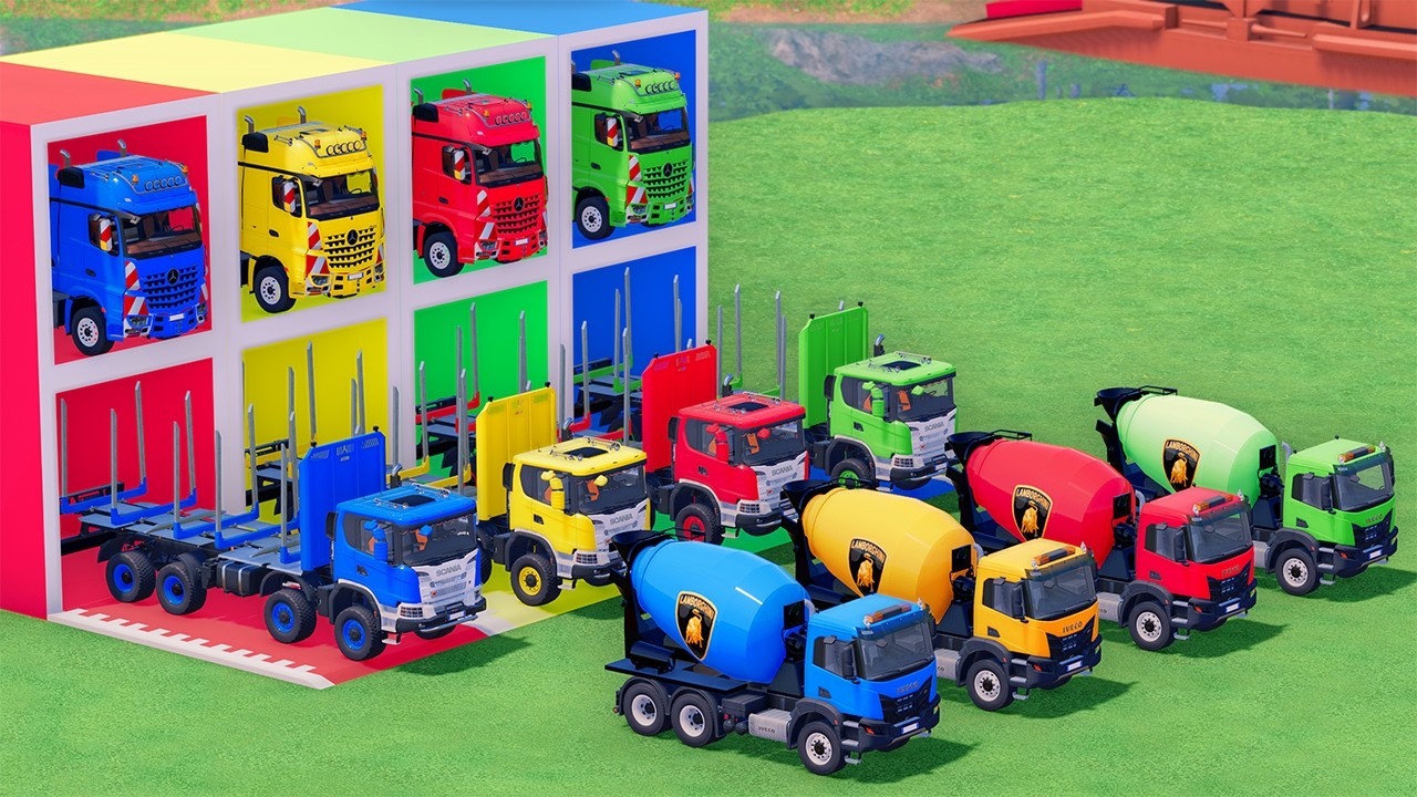 Trucks With COLORS - IVECO MIXER TRUCK and SCANIA FORESTRY TRUCK with FLATBED TRAILER TRUCK - FS22