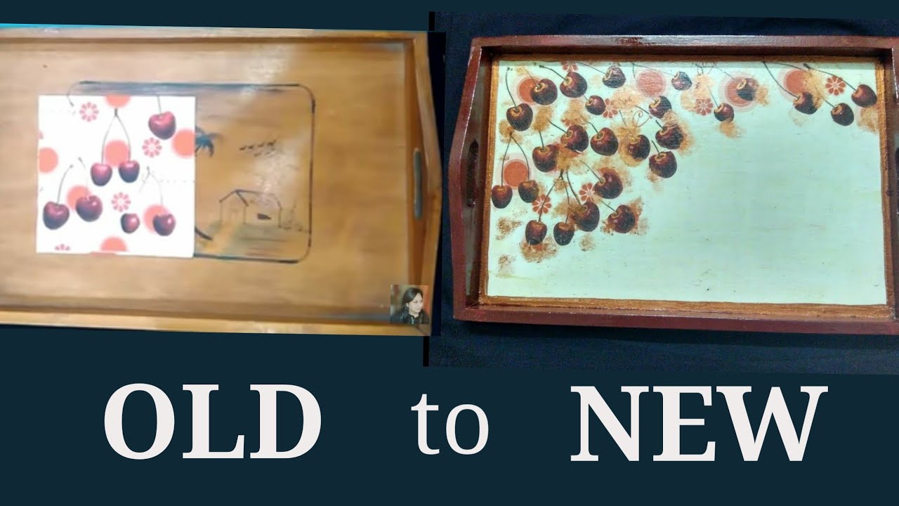 paper napkin decoupage on wooden tray