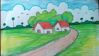 How To Draw Easy Scenery | গ্রামের সহজ প্রাকৃতিক দৃশ্য আঁকা ও রং করা- Nature Village Scenery Drawing