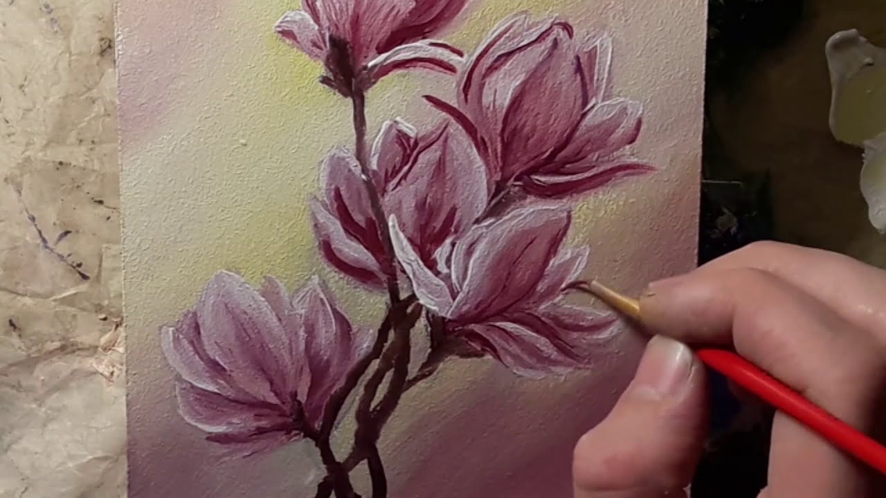 Step by Step Flowers painting on Canvas for beginners / Magnolia / Wow ...