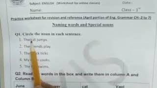 CLASS 1     REVISION WORKSHEET TOPIC NAMING WORDS