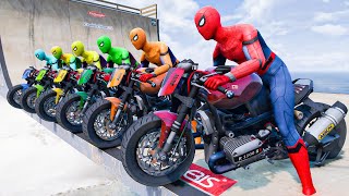 Racing Spiderman Motorcycles - 45 Degree Iron Pipe Ramp Challenge