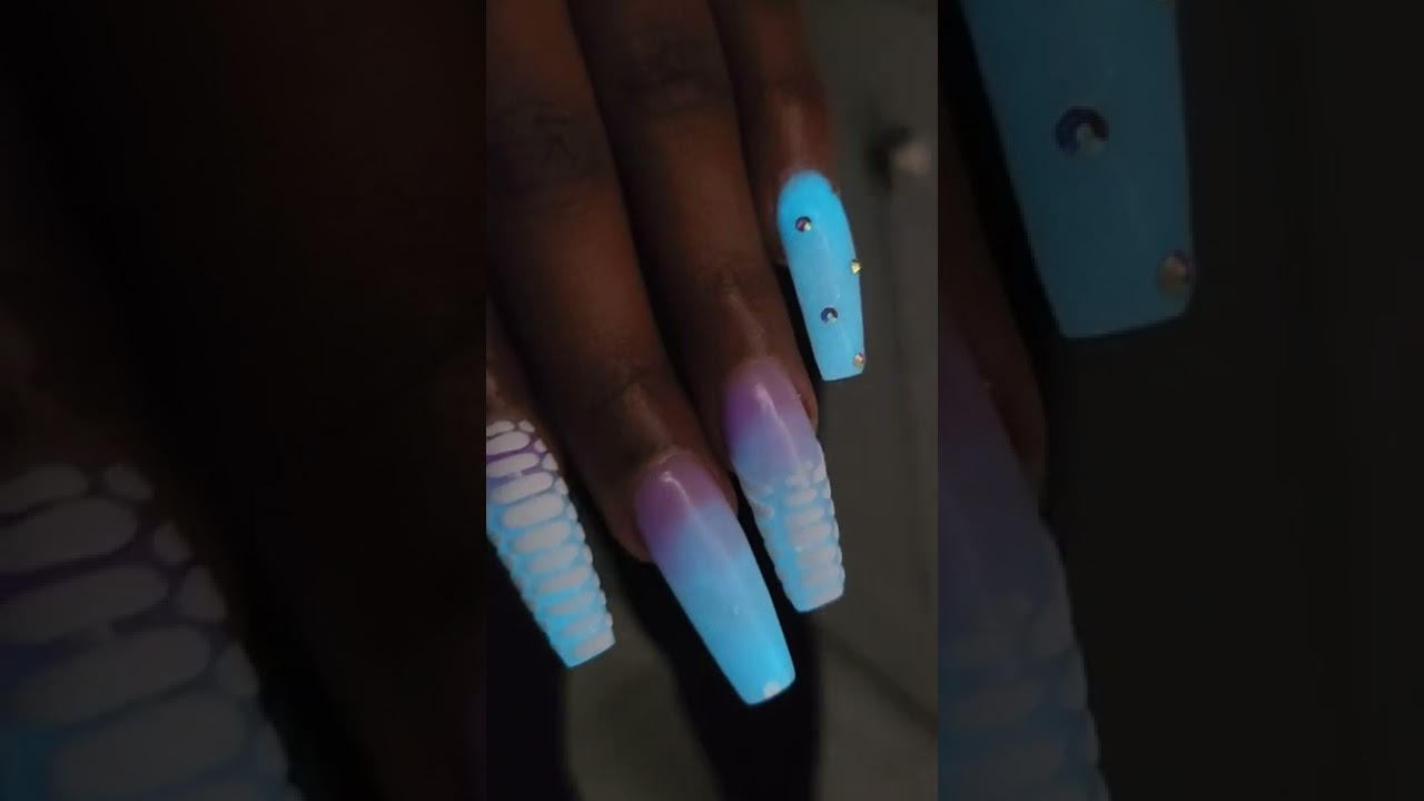 Birthday Nails with bling and glow in the dark acrylic. - YouTube