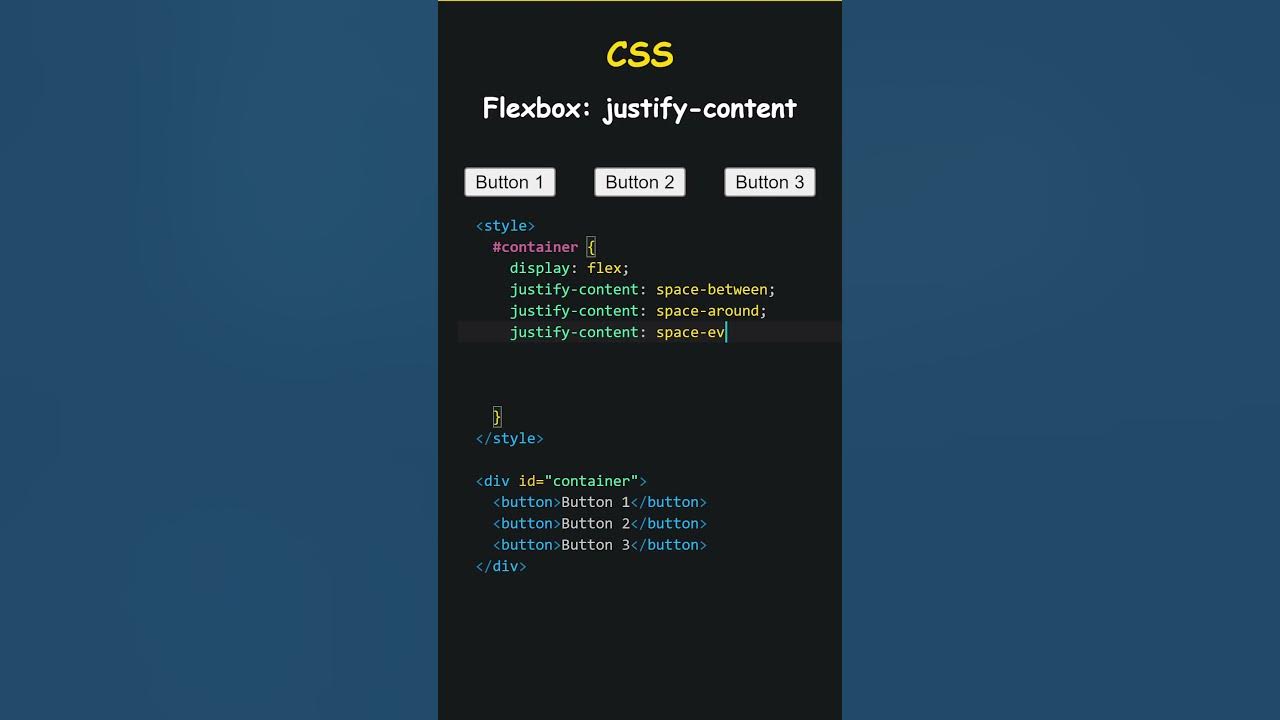 Flex start CSS. Display: Flex; justify-content: Space-evenly;. Justify-content CSS. Justify-content: Flex-start;.