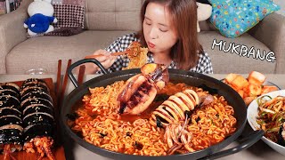 요리먹방 :) 파절이를 삼겹살이랑만  드신다구요?~ 리얼 통오징어짬뽕라면, 오징어김밥 | squid noodles, spicy squid gimbap, mukbang.