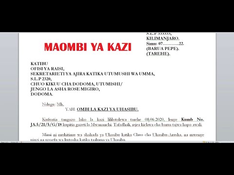 BARUA YA KUOMBA KAZI/KIKAZI KWA KISWAHILI "AJIRA PORTAL" (MFANO)