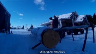 homemade log loading ramp made with angle iron of the delivery sawmill crate, and wood