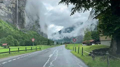Moody car drive through the Lauterbrunnen valley i...
