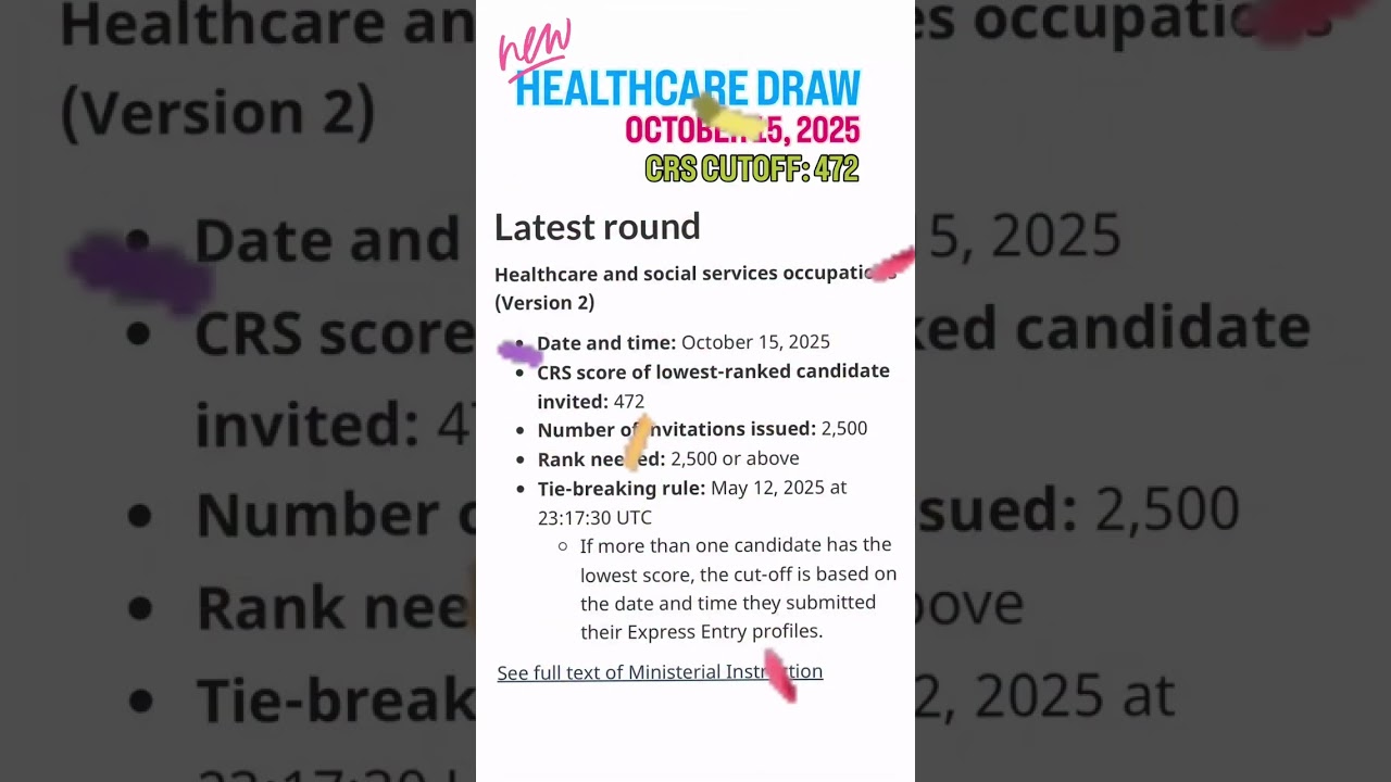 🚨 New Express Entry Draw – Healthcare & Social Services 🇨🇦
📅 Date: October 15, 2025
📊 CRS Cut-off:…