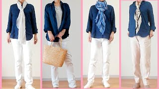 ♡【ネイビーコーデ レディース】トップスとパンツ！【ストール】 でアクセント！ navy and pants coordination with scarves