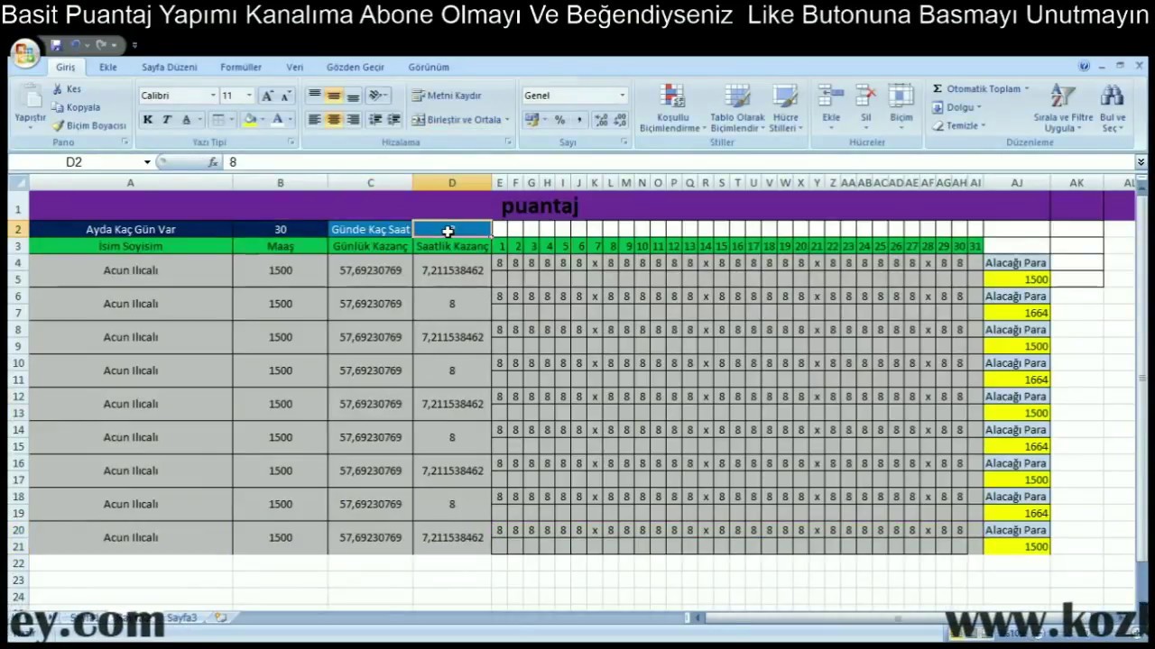 Fazla mesai puantaj cetvelİ örneği