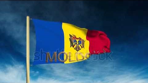 Moldova flag slider style with title. Waving in the wind with cloud background animation Stock