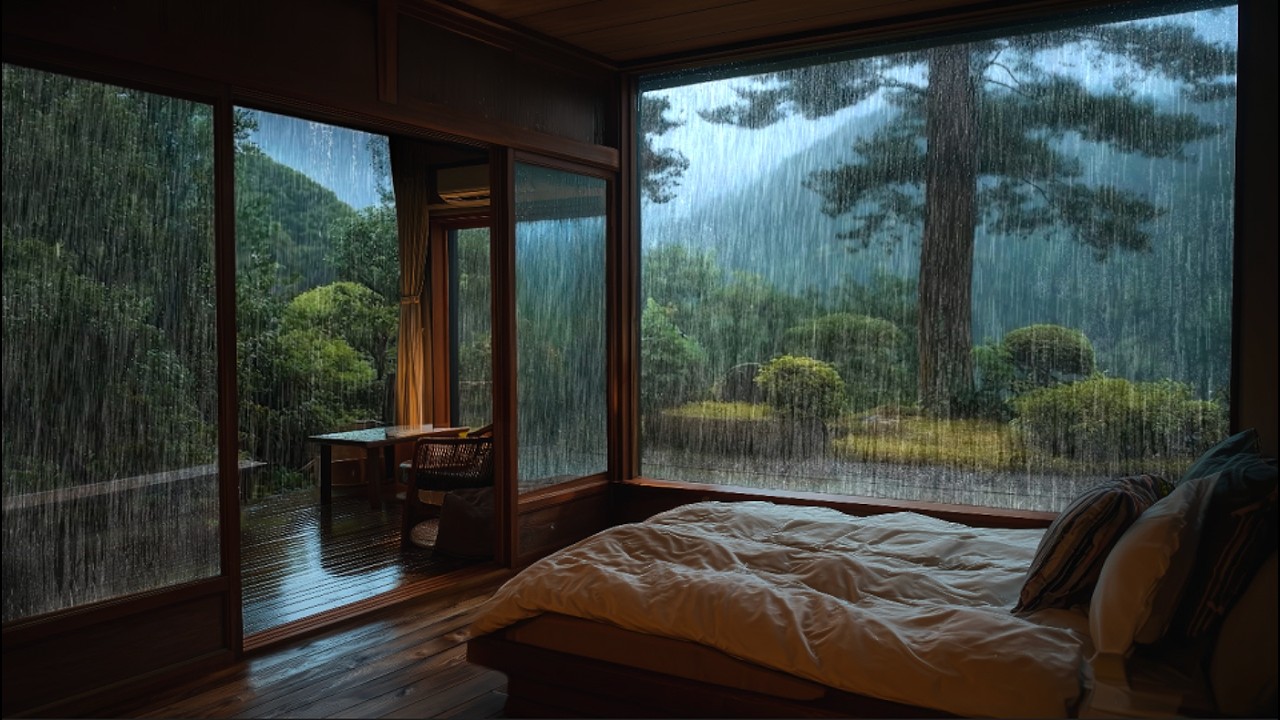 Heavy Rain in Pine Forest Cabin | Cozy Rainy Bedroom for Deep Sleep ...