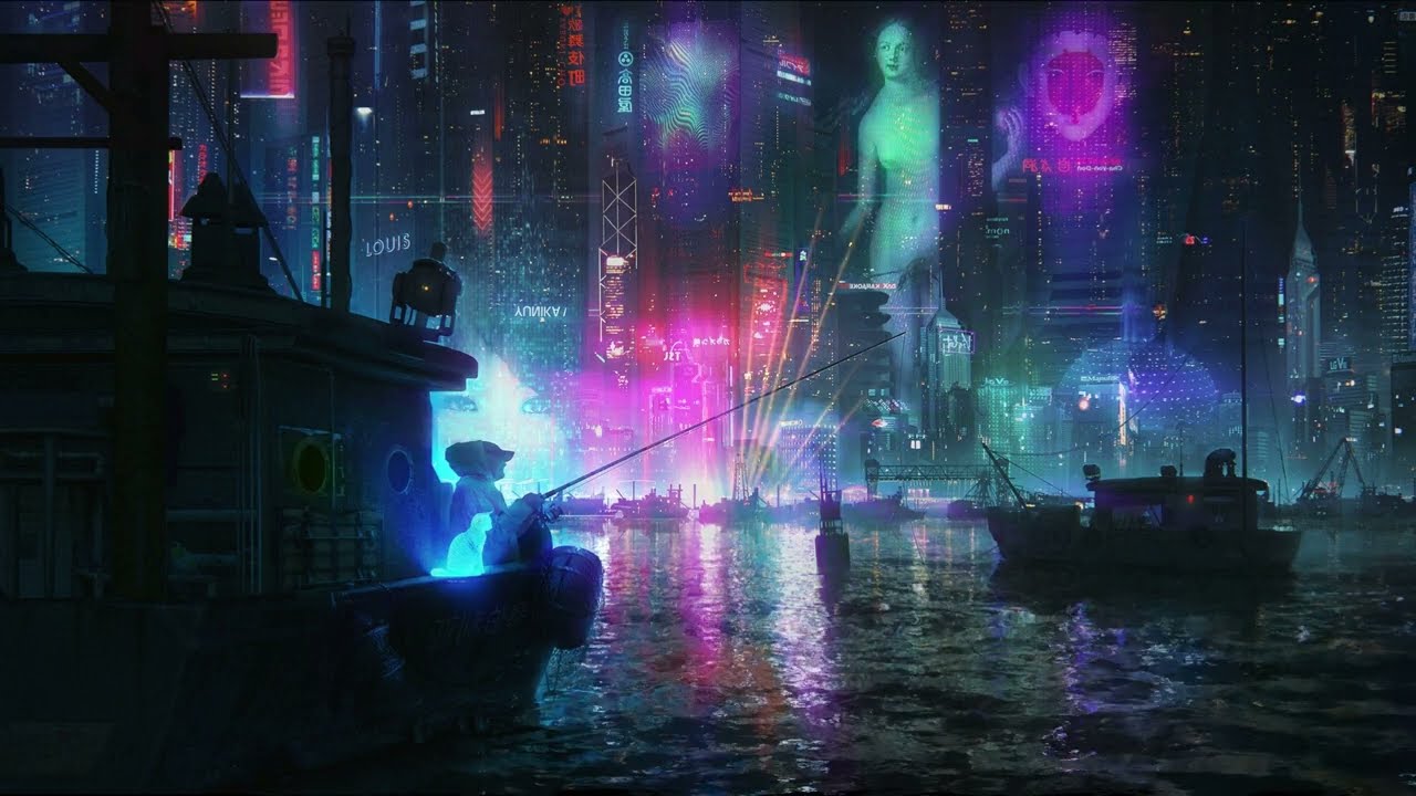 night harbor in cyberpunk city I Free wallpaper +download in description