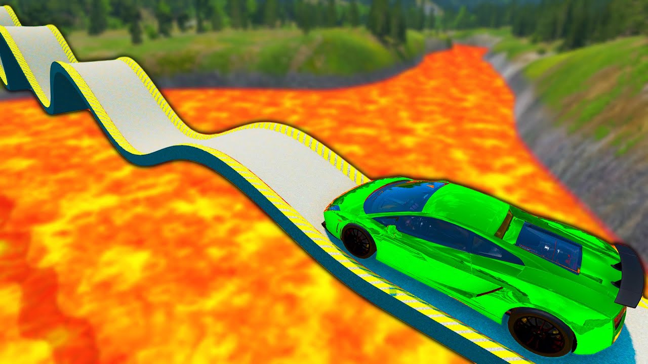 Cars vs Wave Shaped Bridge - Cars vs Lava River - BeamNG.Drive