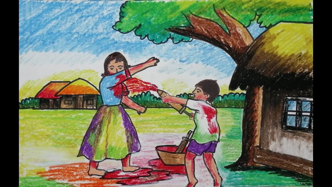 Basanta Rutu Drawing How to draw kids celebrating Holi Festival |very easy Happy Holi ...
